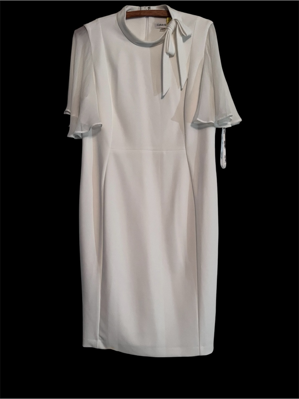 Calvin Klein White Midi Shift Dress with Tie Neck